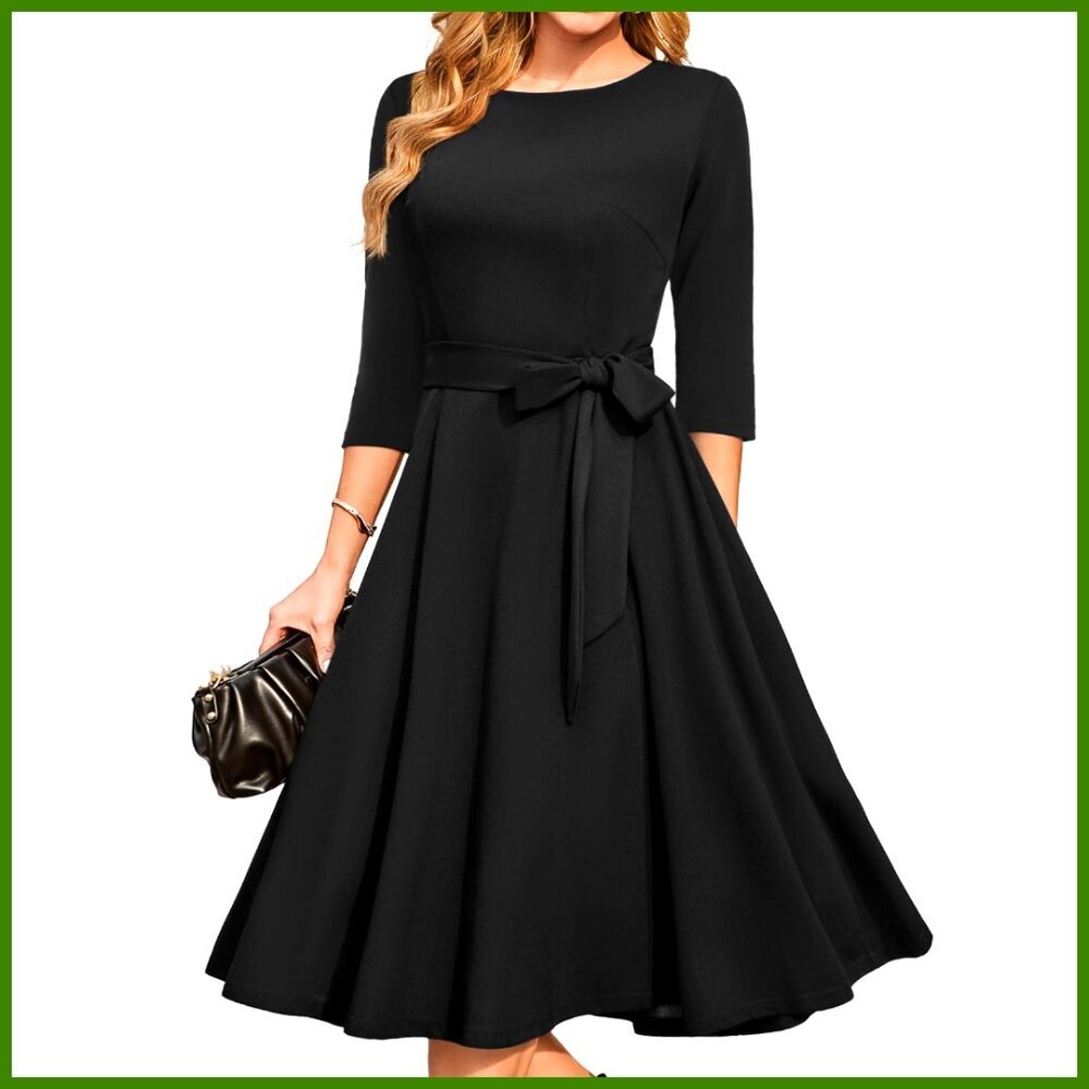 Vintage Cocktail Dress 3/4 Sleeves Formal Wedding Guest Tea Length